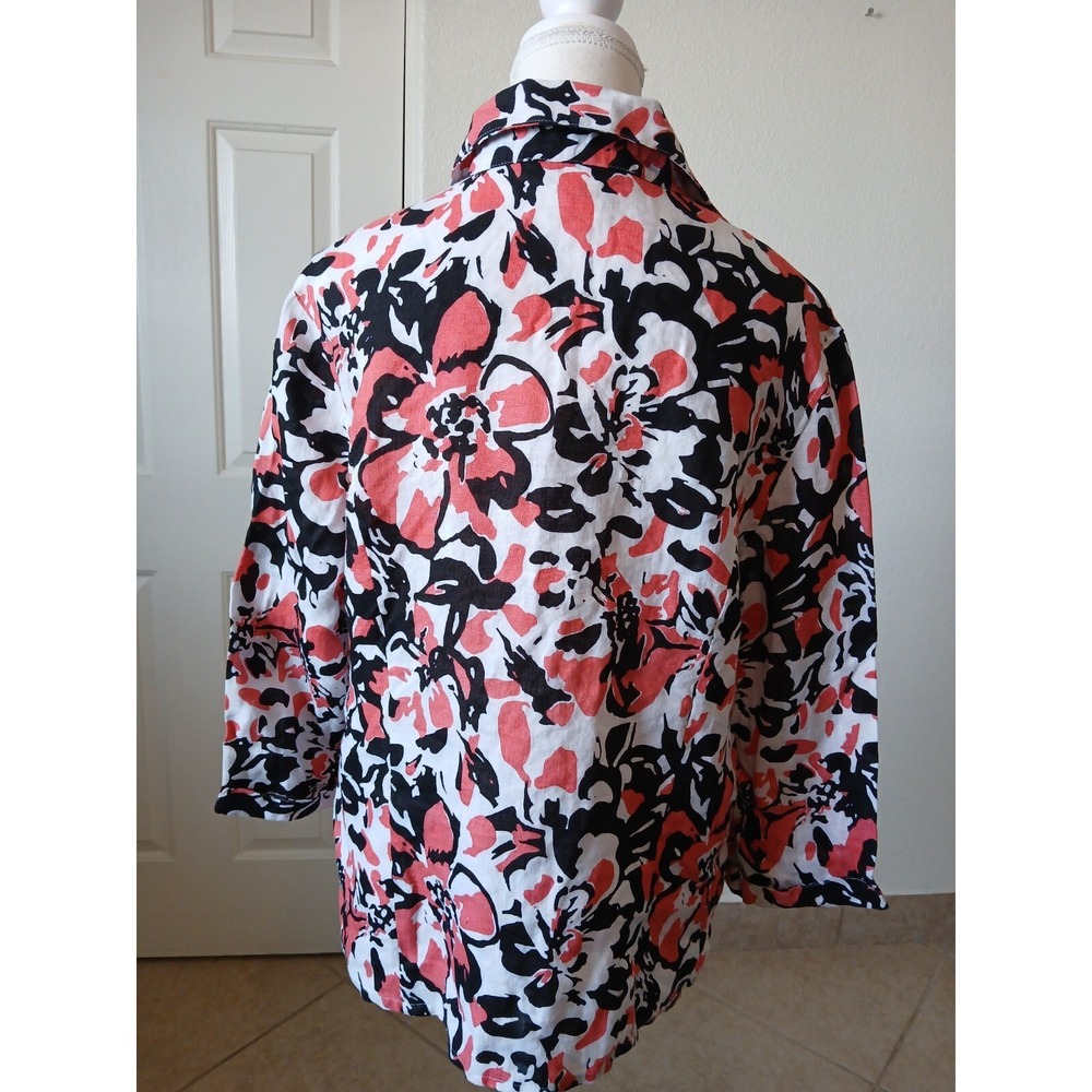 David Brooks Floral Linen Blouse XL Button Front Belted Casual Top - Picture 4 of 16